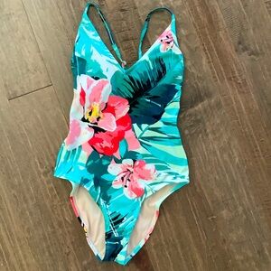 Kona Sol Floral One Piece Swimsuit - Aqua and Coral